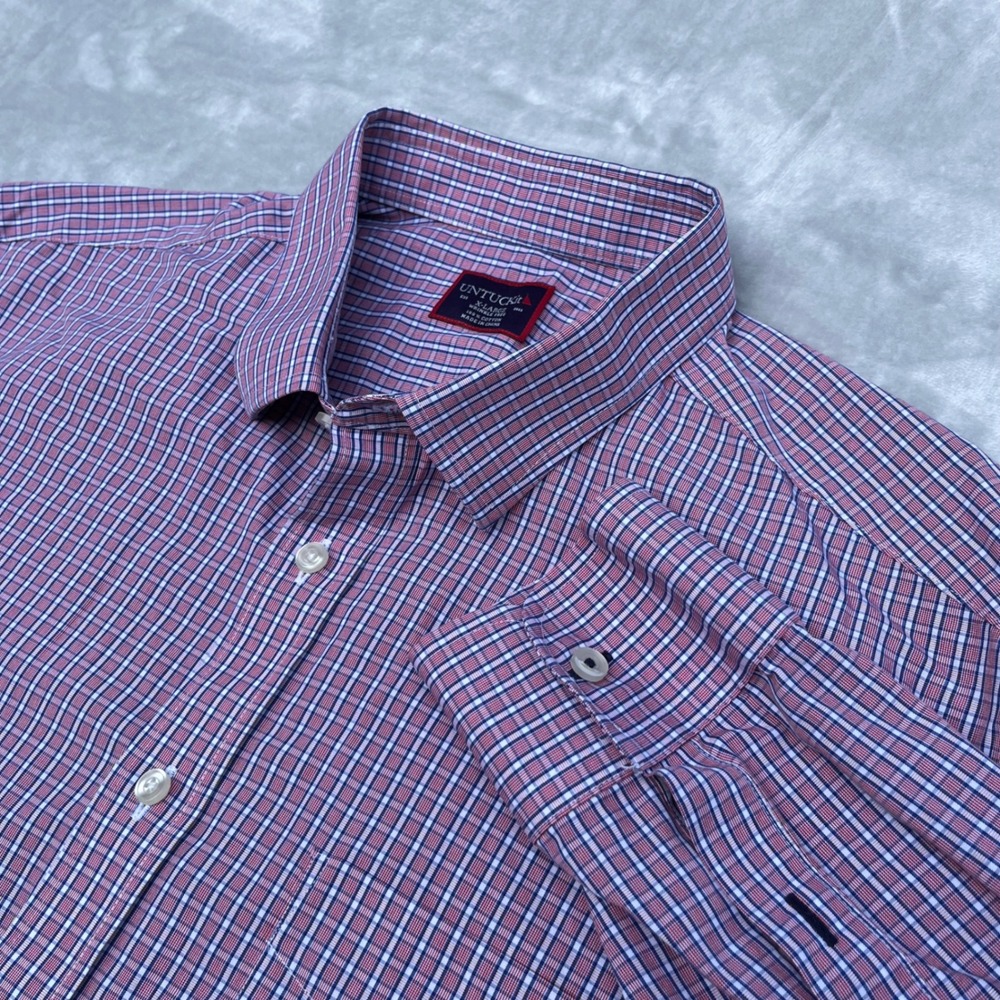 UNTUCKit Pio Cesare Mens XL Red Blue Plaid Wrinkle Free Cotton Button Down Shirt